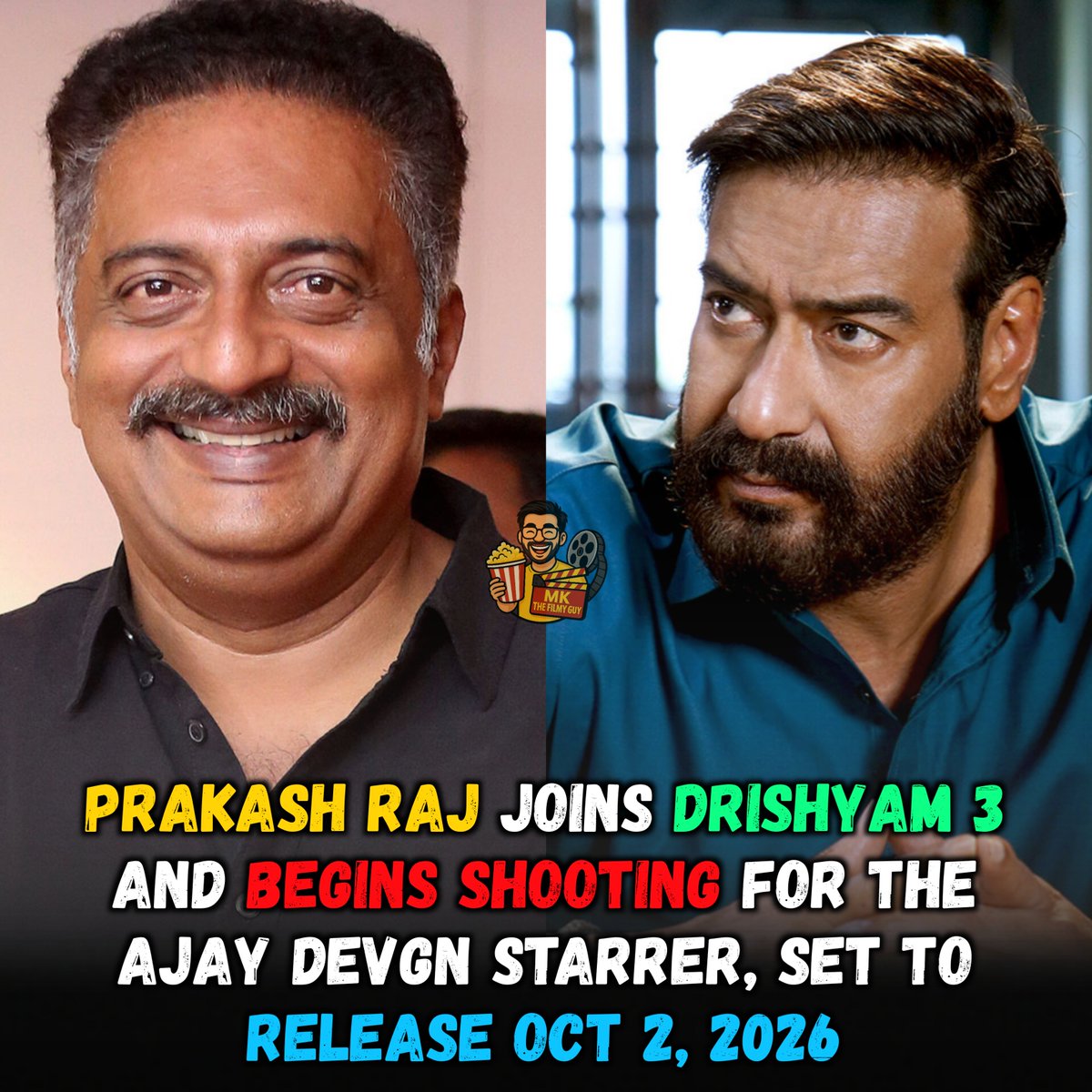 Prakash Raj joins the cast of Drishyam 3 and has started shooting a pivotal non cop role. 

Starring Ajay Devgn and Jaideep Ahlawat, the thriller releases theatrically on October 2, 2026.

#PrakashRaj #AjayDevgn #Drishyam3 #tabu  #MKTheFilmyGuy