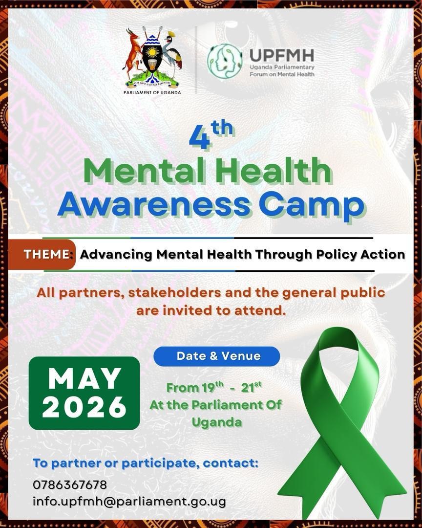 Join us 19–21 May 2026 at the Parliament of Uganda for the 4th Mental Health Awareness Camp.
Let’s promote evidence-based action and strengthen mental health together.
Everyone is welcome.
#MentalHealthUg #MentalHealthAwareness #MentalHealthMatters #MentalWellness