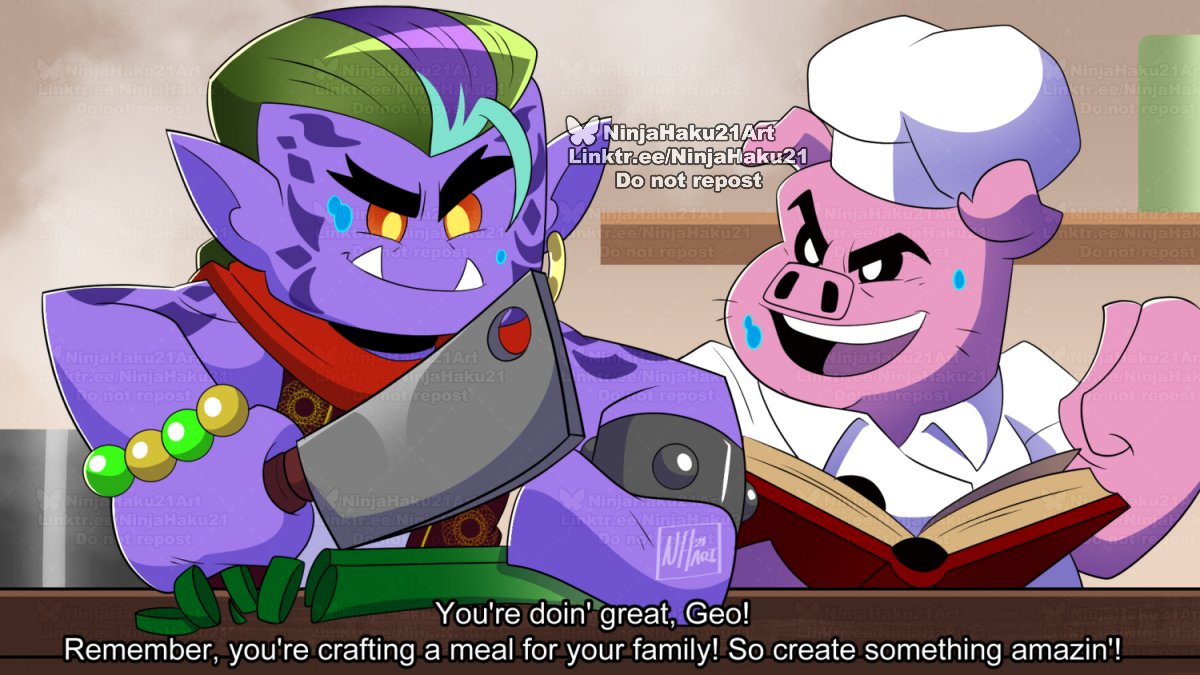 NinjaHaku21_Art's tweet photo. Received an ask on tumblr saying Geo would learn to cook from Pigsy and I had to draw it! 

He would learn how to cook for his family and maybe try to get Pigsy to help him learn how to bake cakes for Cole ✨ but yes they’d definitely get along!
Enjoy! 
 #LEGOMonkieKid #Ninjago https://t.co/HjhZCrmkCY