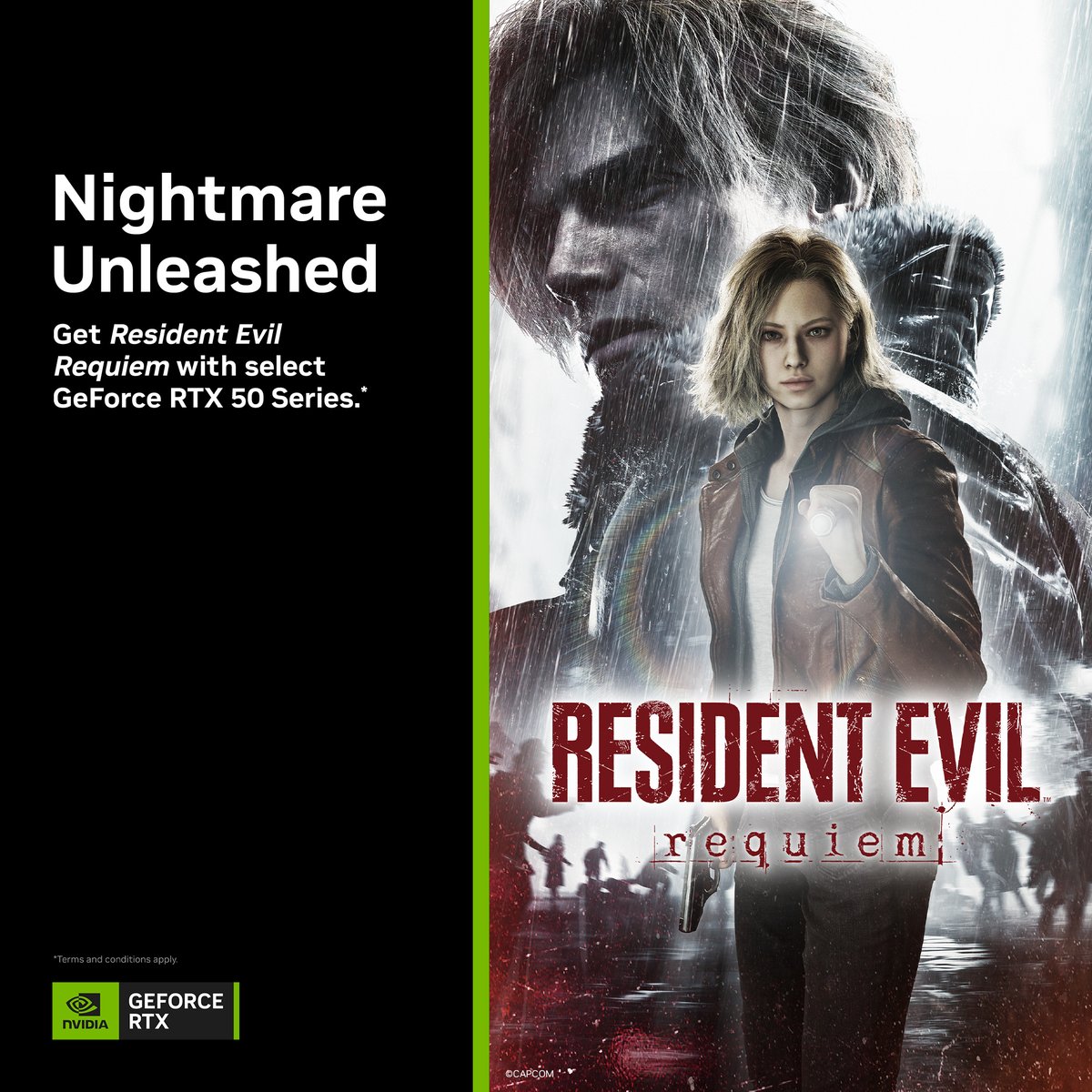 NVIDIAGeForce's tweet image. Get ready for #ResidentEvilRequiem featuring path tracing and NVIDIA DLSS 4 with Multi Frame Generation. 

For a limited time, get Resident Evil Requiem with select GeForce RTX 50 Series. 

#RTXOn → nvda.ws/4rarK5y