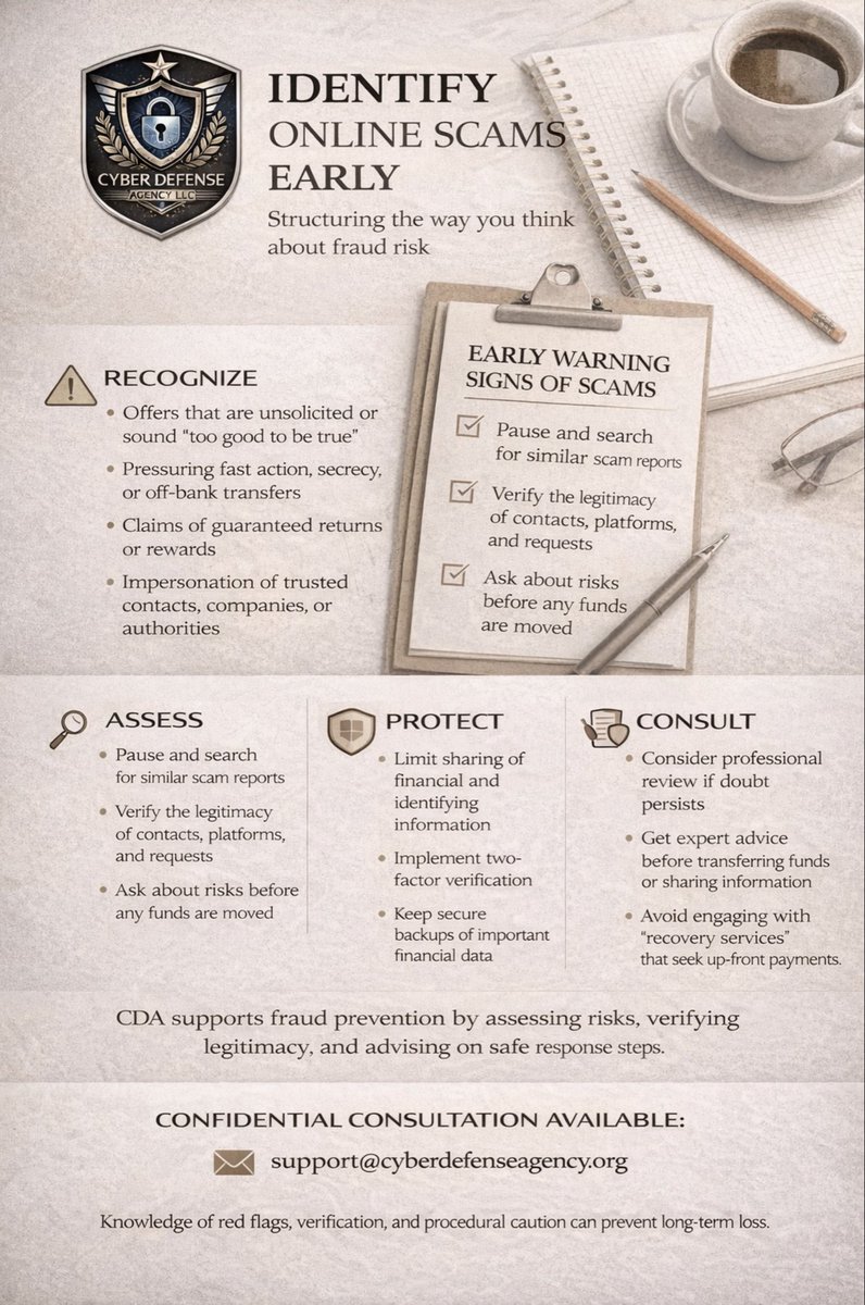 CyberDefAgency's tweet image. Most online scams follow familiar patterns.

Understanding early warning signs, verification steps, and safe response practices can significantly reduce fraud risk before damage occurs.