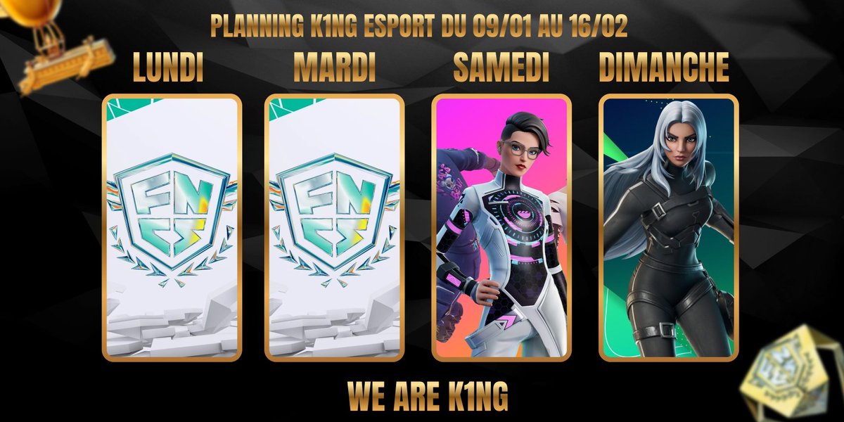 𝐏𝐋𝐀𝐍𝐍𝐈𝐍𝐆 𝐂𝐔𝐏 ! 🏆

Voici toutes les cup de la semaine ! 🔥

#WeAreK1ng

Lundi 9 : FNCS Division / 19 h  - 22 h 

Mardi 10 : FNCS Division/ 19 h - 22 h 

Samedi 14 : Duo Cash cup Zb Console / 14 h - 16 h 

Dimanche 15 : Reload Opens #2 ( Round 2 ) 19 h - 21 h 30