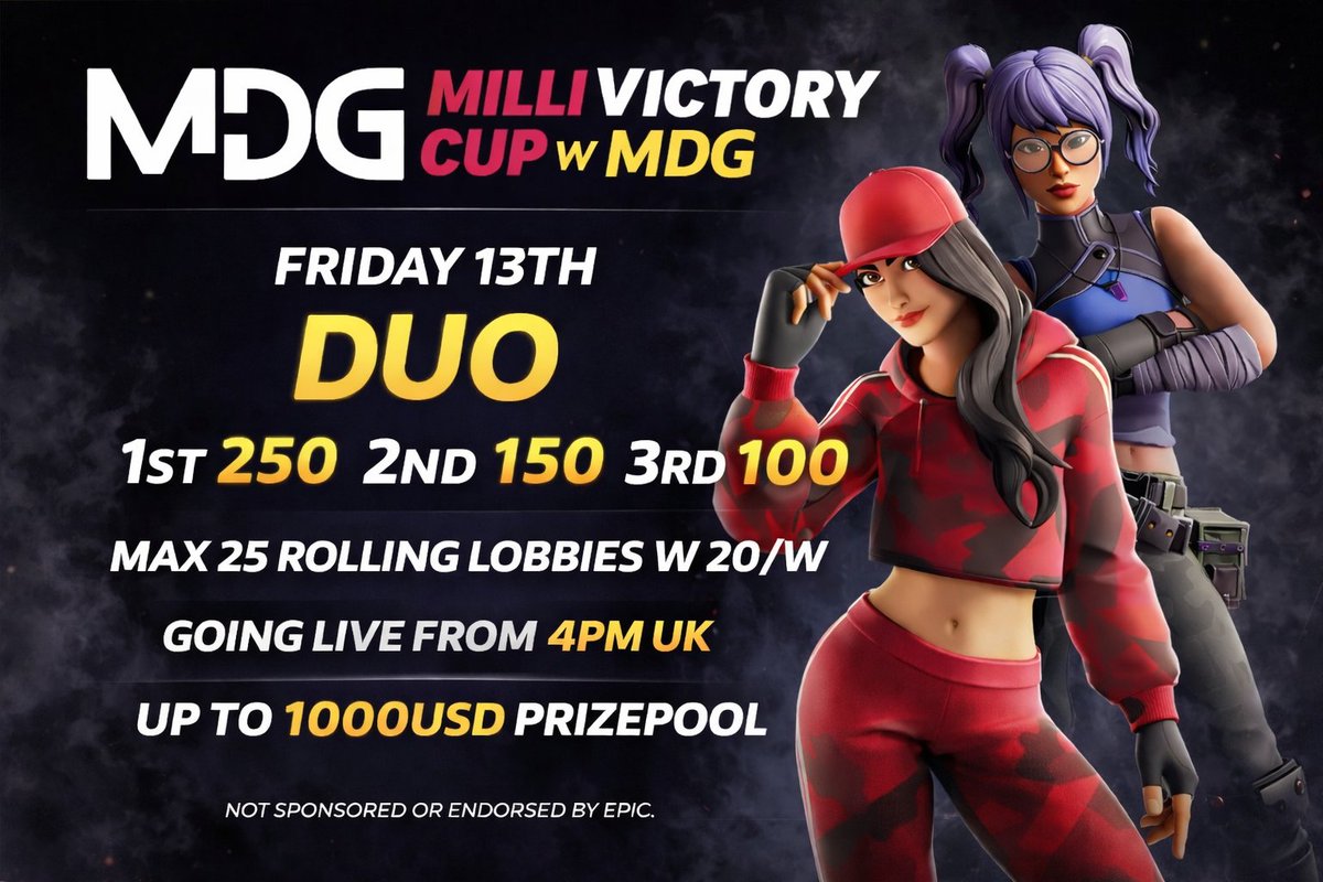 mrdeangenie's tweet photo. ANNOUNCING $1000 VICTORY CUP w/ @millileague_ 🏆

Do you guys want the best Zero Build Victory Practise before Saturday?

➡️Friday 13th February
➡️From 4pm UK Time
➡️Rolling Lobbies: $20 per win
➡️Top 3 placements BIG CASH PRIZES

Join Discord Server in replies 👇 https://t.co/a5sr8beUAw