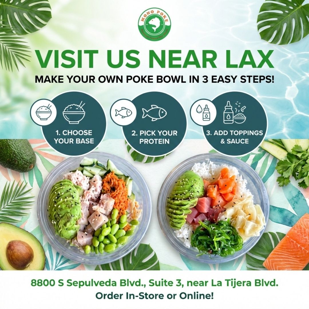 MonoPokeBowl's tweet image. 🥗 Fresh, healthy poke bowls made simple—open daily near LAX from 10am-10pm; drop in or order online for pickup or delivery! 🌺 #HealthyEating #PokeBowlLove #FreshAndSimple #LAXEats #EatClean #DIYMeal #HawaiianVibes #FoodieLife
