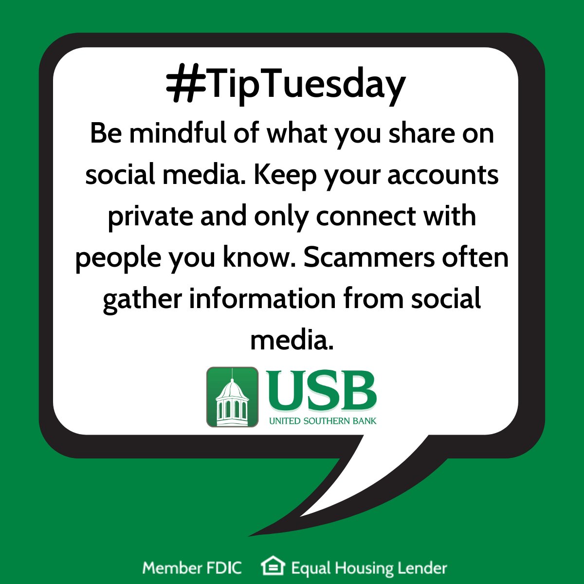 #TipTuesday: Be mindful of what you share on social media. Keep your accounts private and only connect with people you know. Scammers often gather information from social media.