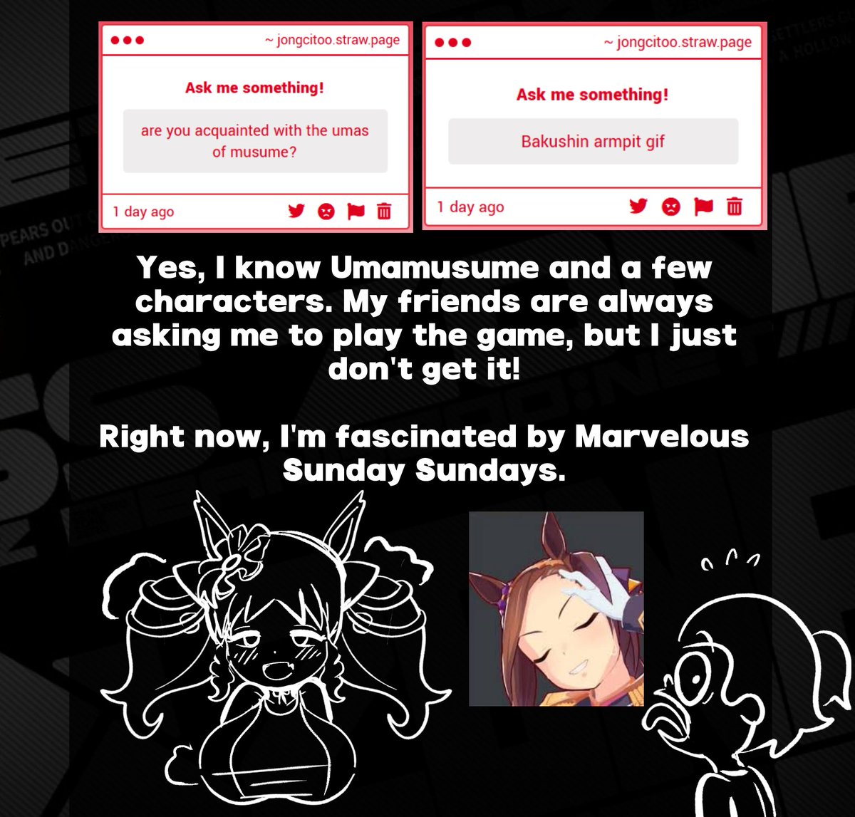 Feel free to ask me ANYTHING at jongcitoo.straw.page! 👀💛

#HonkaiStarRail
#umamusume