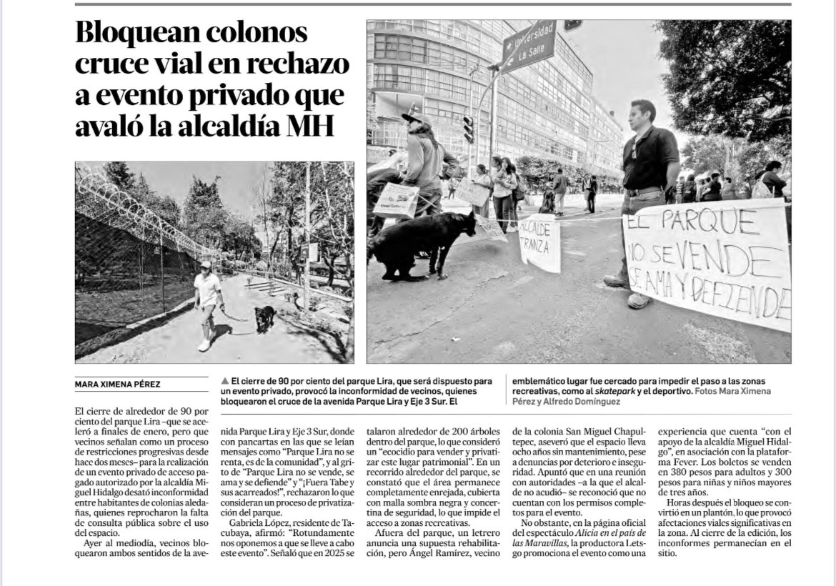 🚨 #ParqueLira | Exigen transparencia

.<a href="/mauriciotabe/">Mauricio Tabe Echartea</a> sigue sin mostrar los permisos para el espectáculo Alicia en el Parque Lira.

Vecinos se manifestaron por el riesgo al medio ambiente, la fauna y el patrimonio cultural y artístico del parque. 🌳🦉🎭

Tabe tampoco ha