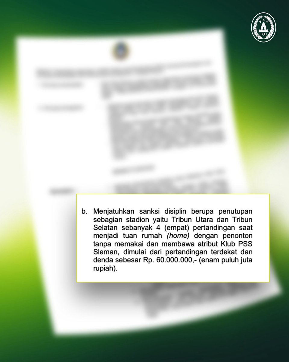 Hasil Putusan Komite Banding PSSI terkait banding yang diajukan oleh Klub PSS Sleman atas sanksi yang diterima PSS Sleman di laga melawan PS Barito Putera pada pekan ke 18 Pegadaian Championship 2025/26.

PSS Sleman berharap, teguran dan sanksi ini bisa menjadi pelajaran bagi