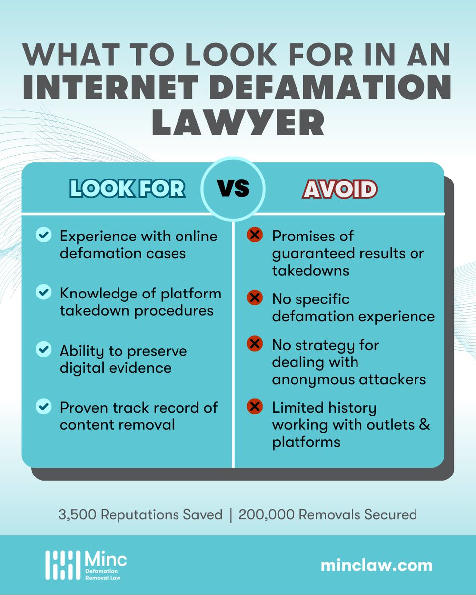 If you're facing online defamation, not just any lawyer will do. Here's what to look for in a lawyer that would be best for your situation... and some red flags to look out for.