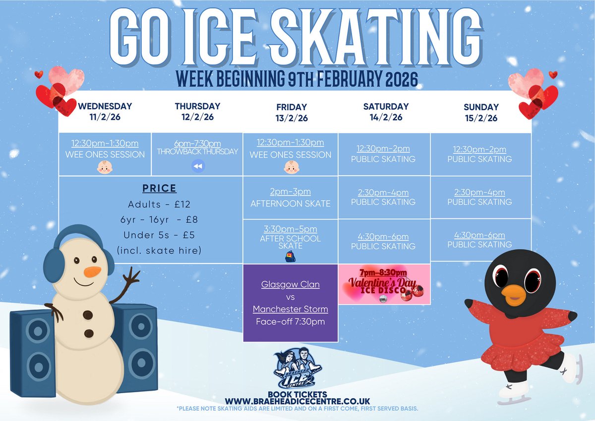 ✨❄️ 𝑶𝒖𝒓 𝑾𝒆𝒆𝒌𝒍𝒚 𝑺𝒌𝒂𝒕𝒊𝒏𝒈 𝑻𝒊𝒎𝒆𝒕𝒂𝒃𝒍𝒆 𝑰𝒔 𝑯𝒆𝒓𝒆! ❄️✨

Make memories on the ice! Whether it’s the first steps for our Wee Ones, Throwback classics, our Valentine’s Ice Disco special, or Public Skating — the fun never stops! ⛸️

🎟️ ➡️ Link in bio