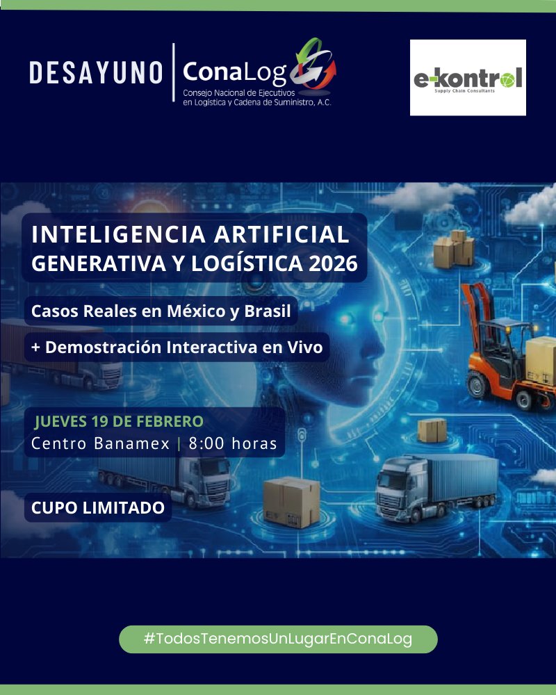La pregunta ya no es si debemos usar IA Generativa en la cadena de suministro, sino cómo hacerlo estratégicamente 🤖 Regístrate al Desayuno ConaLog: Inteligencia Artificial Generativa y Logística 2026. 19 de febrero. Más info: conalog.org.mx/eventos/inteli…