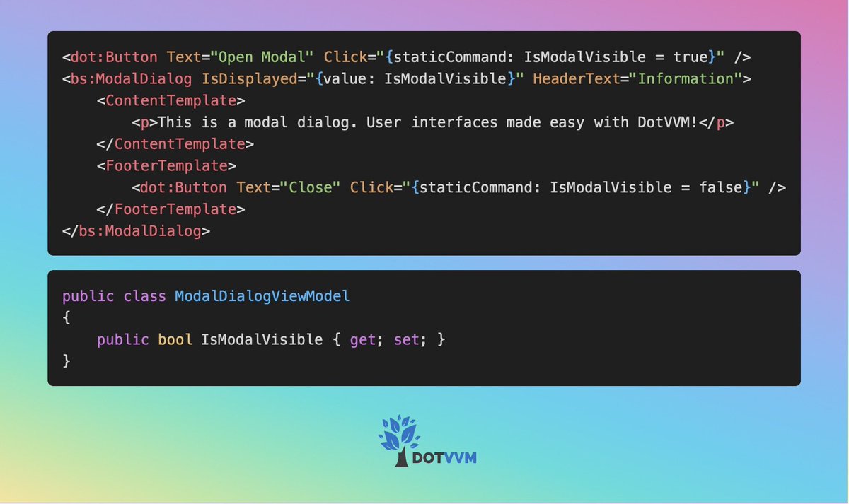 📝Tips and tricks
🚀 Boost User Experience with Bootstrap for DotVVM's ModalDialog! 🚀
Creating modal dialogs is so easy with Bootstrap for DotVVM!

👉 Discover more on DotVVM's UI components: dotvvm.com/docs/4.0/pages…