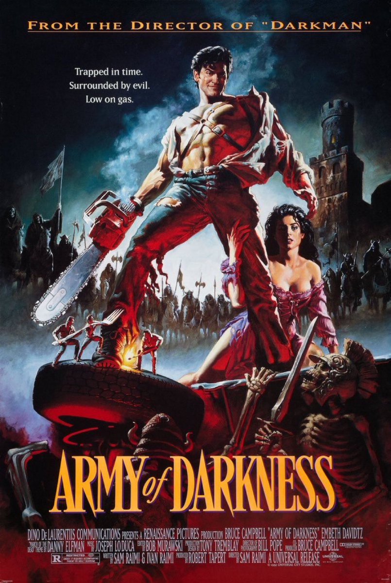 GabeCrate's tweet image. ☢️#147. Army of Darkness, 1993. Ratcheting up the slapstick and self-parodying machismo, the third in the #EvilDead trilogy is a nonstop hilarious ruckus. From puppets to prosthetics, no gag is spared in the #Raimi bag of tricks. Make sure to watch the original PA ending! 5/5 ☢️
