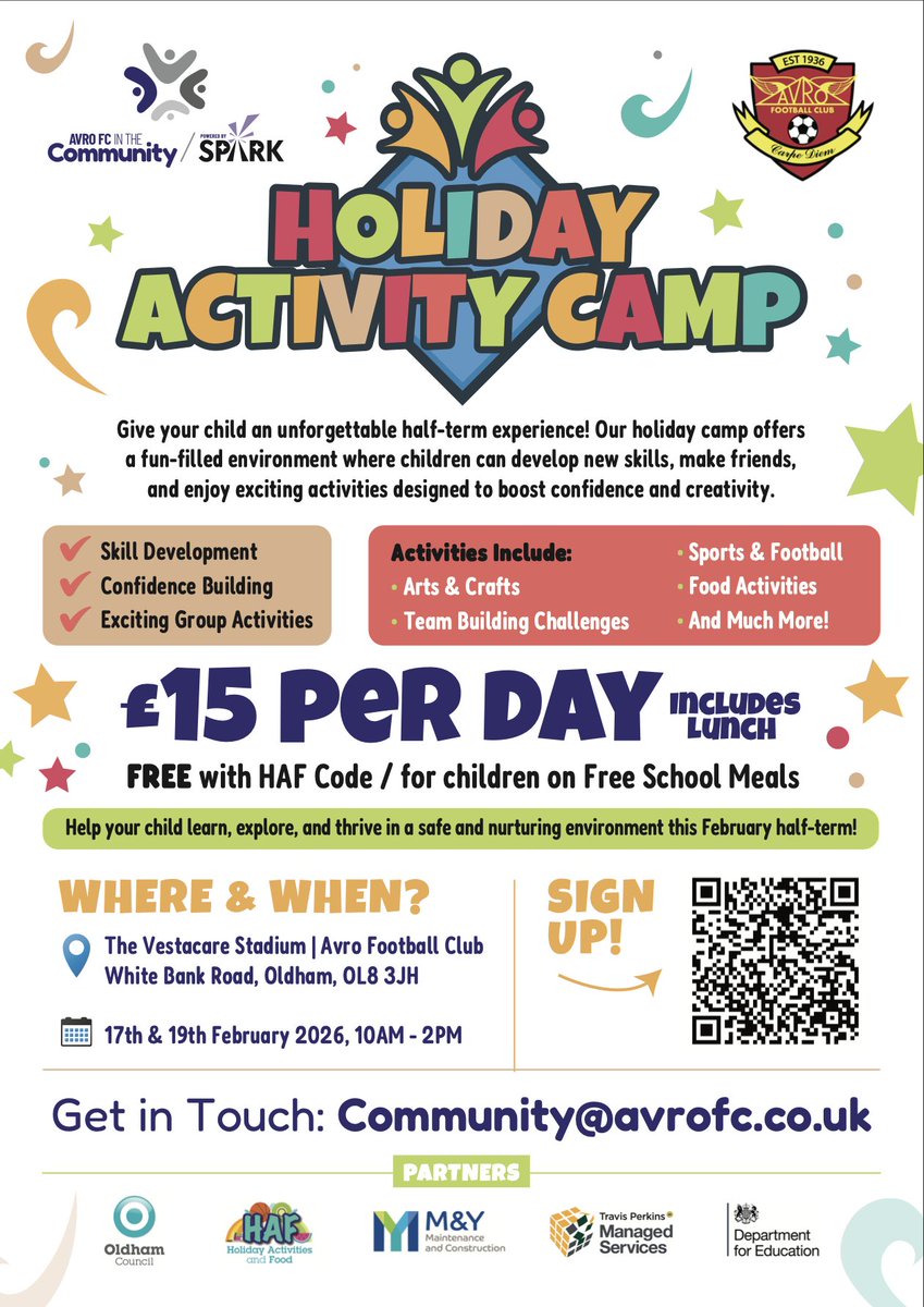 🎉 Half-term is almost here! Give your child an unforgettable experience at our holiday camp next week!

⚽ Fun-filled activities
🌟 Build confidence &amp; creativity
👫 Make new friends
🏆 Develop new skills

Limited places available! 📧Community@avrofc.co.uk to book now!