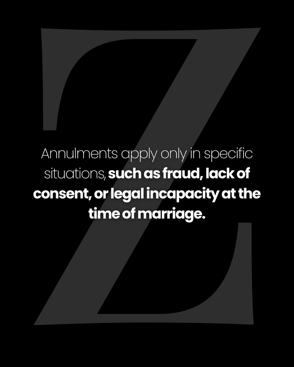 Although both end a marriage, an annulment and a divorce have very different legal meanings. 
An annulment treats the marriage as if it never legally existed, while a divorce legally dissolves a valid marriage.

#Annulment #DivorceLaw #FamilyLaw #ZieglerLawGroup #NYNJLaw