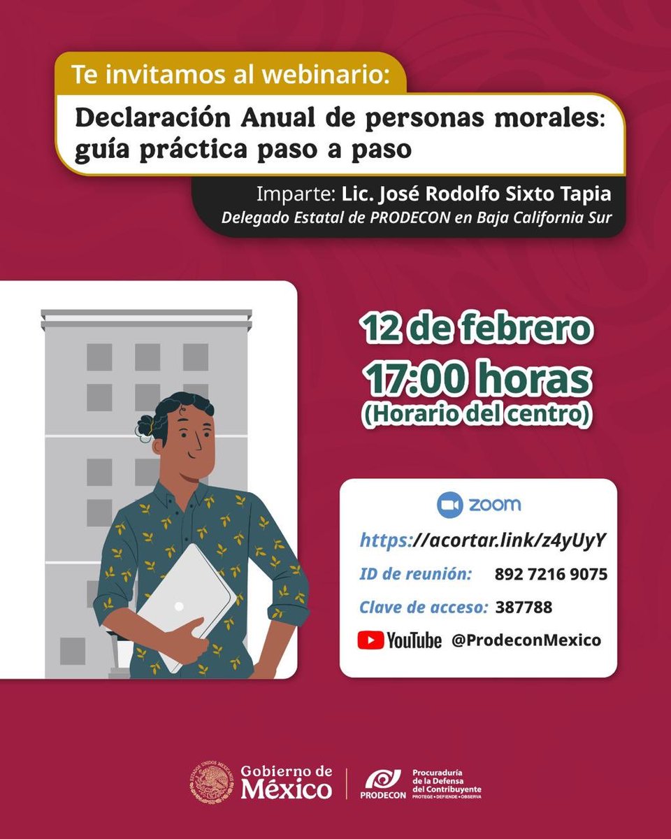 #WebinarioPRODECON 💻

¿Eres persona moral? 🏢

Conéctate este jueves para que te expliquemos, paso a paso, cómo debes de presentar tu Declaración Anual.✅📄

✍🏼 Regístrate gratuitamente, aquí 👉 acortar.link/z4yUyY                       

#CulturaContributiva