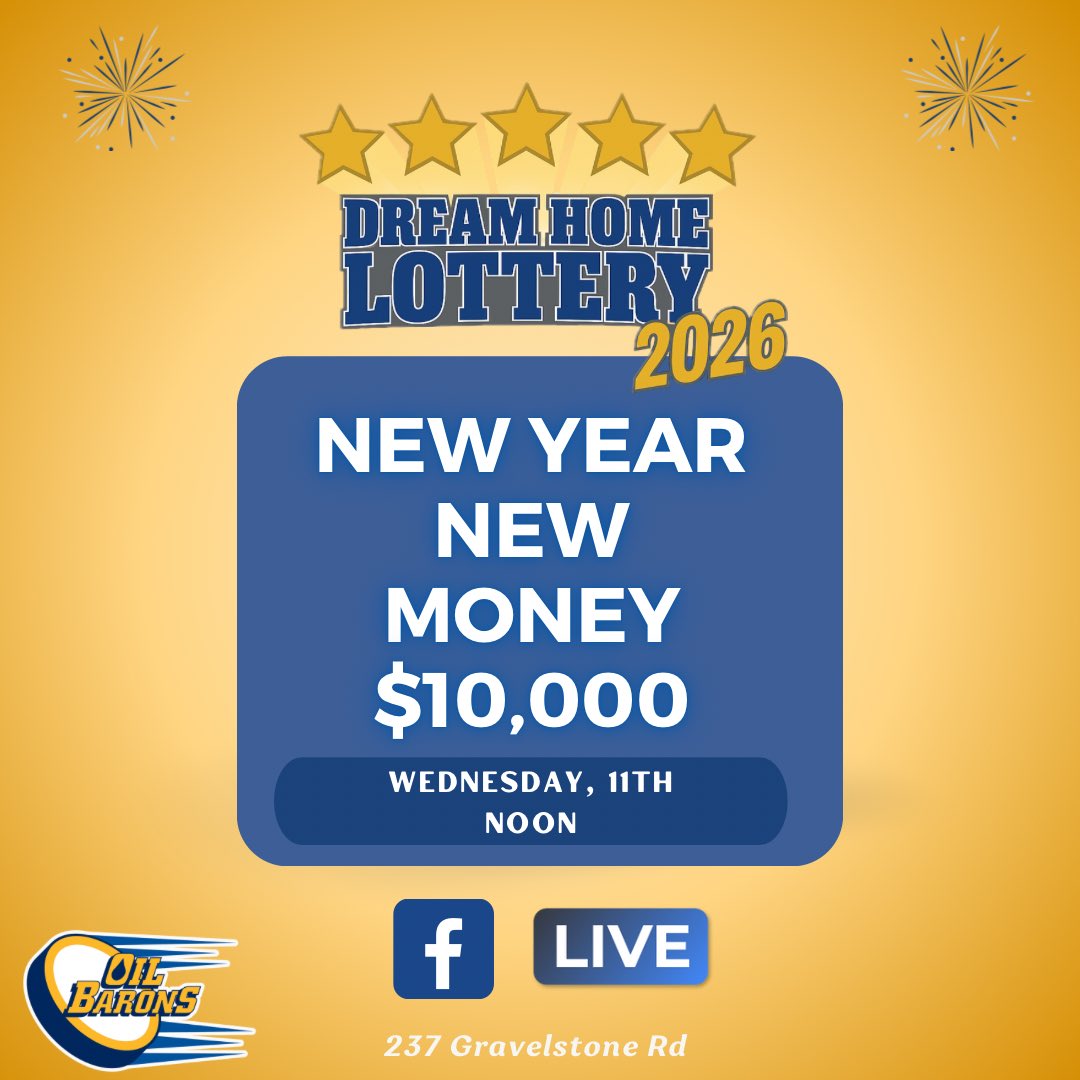💰 $10,000 is on the line 💰

Join us LIVE on Facebook tomorrow at approximately noon from the Oil Barons Dream Home for the New Year New Money draw.

📍 237 Gravelstone Rd