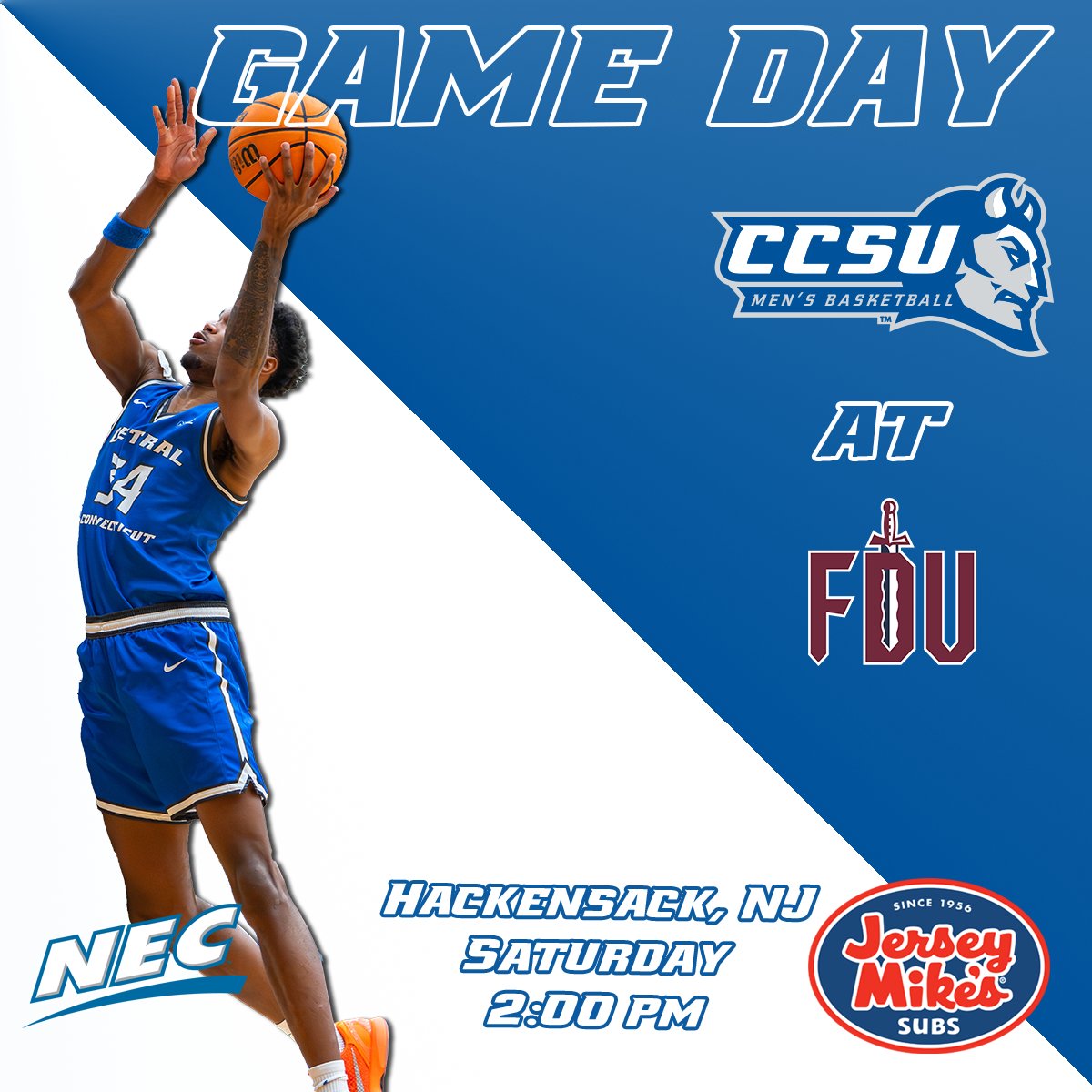 🏀 <a href="/CCSU_MBB/">CCSU Men’s Basketball</a> GAMEDAY
📆 Saturday, Feb. 14
⏰ 2pm at FDU
📍 Bogota Savings Bank Center | Hackensack, NJ
💻 <a href="/NECFrontRow/">NEC Front Row</a> 
📊 tinyurl.com/2efmf2u8
🎟 tinyurl.com/3ufem6at

#GoBlueDevils | #necmbb