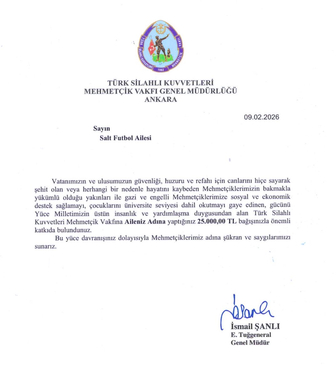 Transfer dönemi boyunca yapılan Salt Futbol Space yayınlarında toplanan bağışlarınıza ekip olarak biz de katıkıda bulunduk.

 Söz verdiğimiz gibi <a href="/losev1998/">LÖSEV</a> ve <a href="/MehmetcikVakfi/">Mehmetçik Vakfı</a> kurumlarına hepimiz adına bağışladık.

Saygılarımızla Salt Futbol Ailesi…