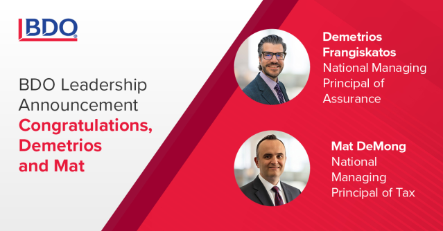KLPCPA's tweet photo. @BDO_USA announces two new national managing principals: Demetrios Frangiskatos as National Managing Principal of Assurance and Mat DeMong as National Managing Principal of Tax. https://t.co/qXlRaoUeYF https://t.co/VejnXXgNCP