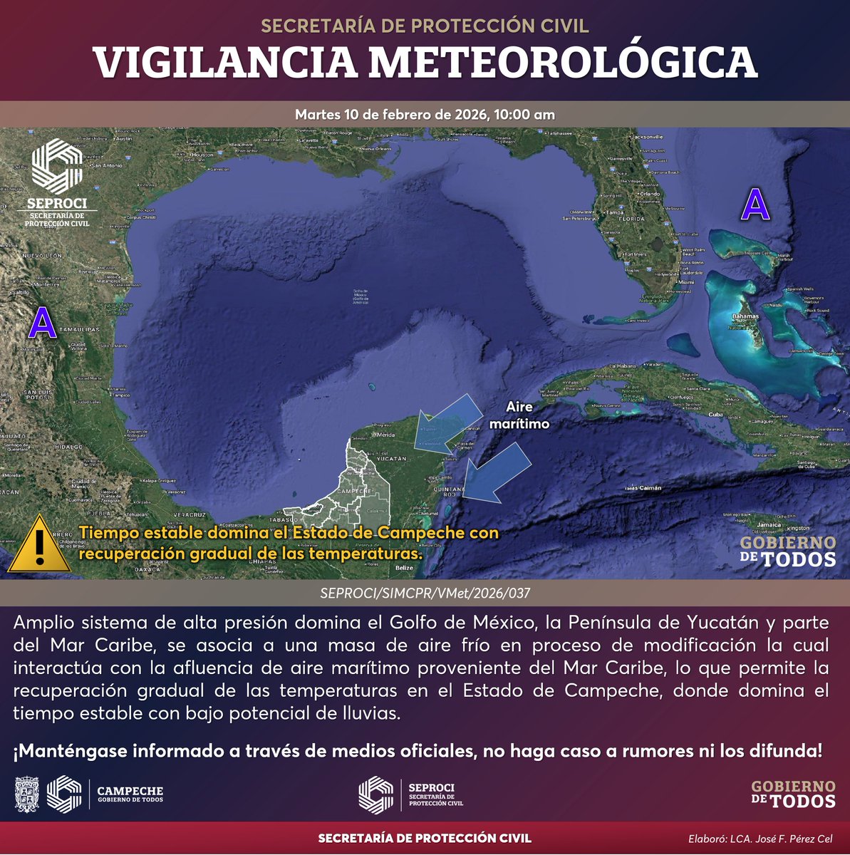 Condiciones atmosféricas estables continúan dominando el Estado de Campeche, favoreciendo ambiente cálido durante el día, en cambio, de fresco a templado por la noche y madrugada.

<a href="/anuardager/">Ánuar Dáger Granja</a> <a href="/LaydaSansores/">Layda Sansores</a> <a href="/UCSCampeche/">Gobierno de Campeche</a> 

#CampecheGobiernoDeTodos #Seproci