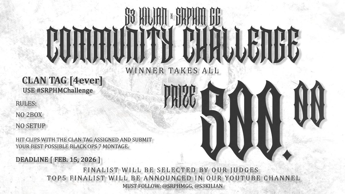 #SRPHMChallenge 
💰$500 USD. PRIZE 

5 DAYS LEFT 
Our first Community Challenge, is coming to an end, Montages must be submited within the deadline. (Feb. 15, 2026)

We’re Excited to see 🫵
Submissions! 

Must Tag:
<a href="/SRPHMgg/">𝔖𝔢𝔯𝔞𝔭𝔥𝔦𝔪 𖤍</a> 
<a href="/S3Kilian/">Kiliann 🇵🇷</a> 
<a href="/RealBlowxy/">♱ 𝐁𝐥𝐨𝐰𝐱𝐲 ♱</a> 
<a href="/jynxinity/">Seraphim Jynx</a> 
<a href="/RiohNardo/">S3 RIOH</a> 
<a href="/PYELx/">Naii</a>