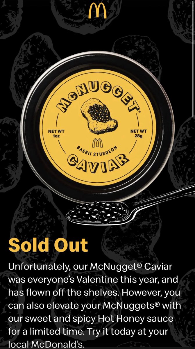bsbeast911's tweet photo. 750 McNugget caviar kits available and a site that crashed before the launch even happened. Would have been better as a lottery system instead of letting bots take them all.  @McDonalds https://t.co/iN2LdnIrF7