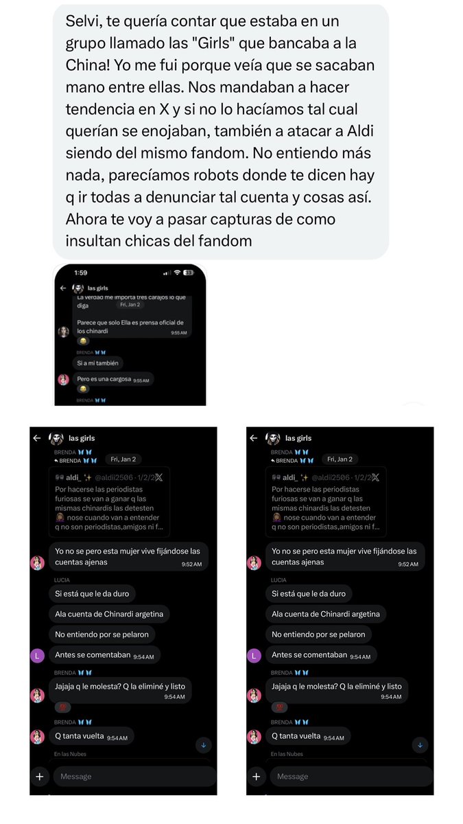 SELVITA INFORMA🫡
Una Chinardi se comunicó conmigo nuevamente, para mandarme pruebas y contarme cómo se maneja <a href="/melunymus3/">Melina Andrea</a> para hostigar a Wanda Nara y a sus hijas. Encima se pelean entre ellas y critican a chicas de su propio fandom. De esto tampoco van a hablar? Estas son las