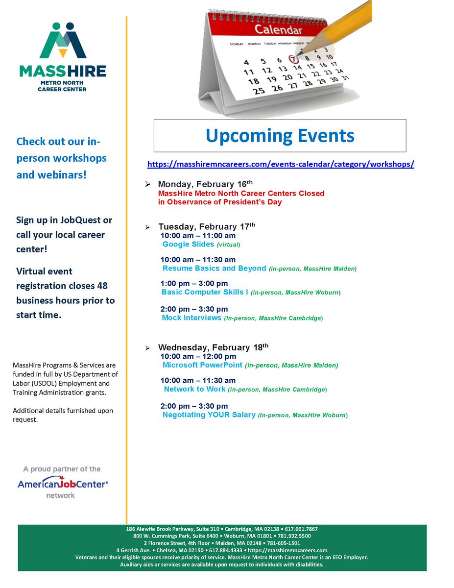 masshiremncc's tweet photo. #masshiremetronorth #careers #workshops #masshire
Check out next week's workshops!  Sign-up here.  https://t.co/zJVwP7awZR https://t.co/vy6AUfinQr