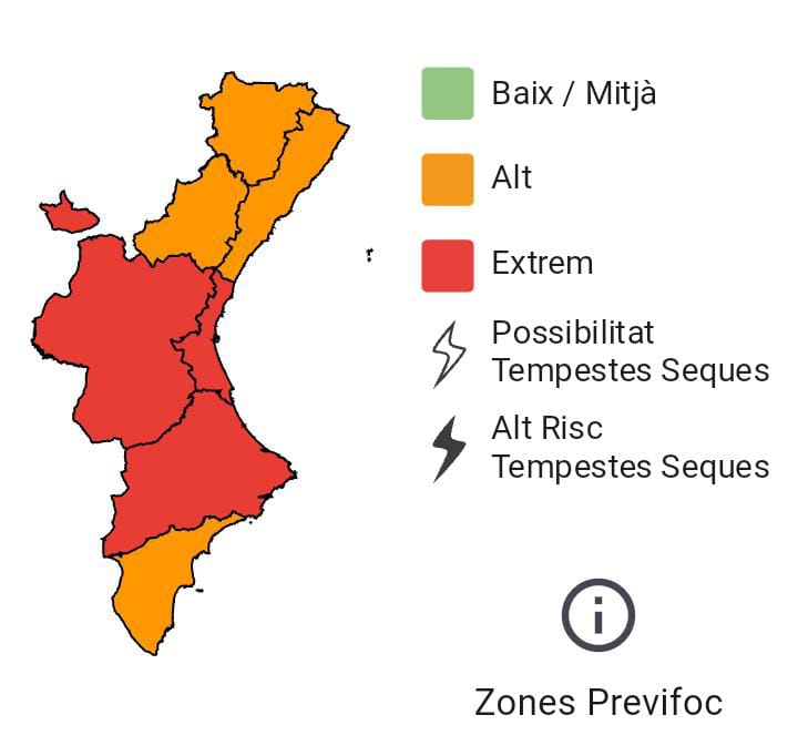 GVA112's tweet photo. ⚠️El nivell de preemergència de risc d'incendis forestals per a demà 11/02 és:   

🔴Extrem a la provincia de Valencia i nord d'Alacant

🟠Alt a la resta de la Comunitat Valenciana

✋Precaució i recorda que amb nivell extrem està prohibit fer foc en zona forestal

#StopAlFoc https://t.co/1rlAZXqUsl