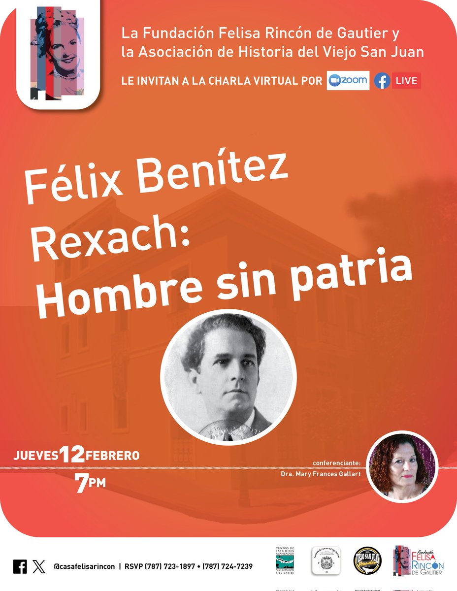 MuseoFelisa's tweet photo. Damos inicio el  Ciclo de charlas 2026.
Este jueves 12 de febrero 7:00pm.
CHARLA: Félix Benítez Rexach: Hombre sin patria por Dra. Mary Frances Gallart
Enlace  Zoom puede enviar correo electrónico a museofelisa@hotmail.com 
**Charla será virtual**
¡Le esperamos! https://t.co/cRY6VQCmc0