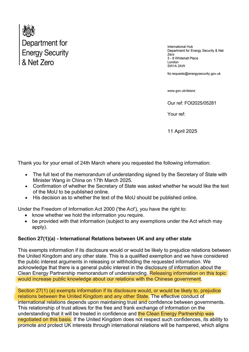 ClaireCoutinho's tweet image. When I asked why the Government hadn't published the deal, they acknowledged doing so "would increase public knowledge about our relations" with China.

...but they also admitted that releasing it would "prejudice relations" with China, as they agreed to keep the deal a secret.