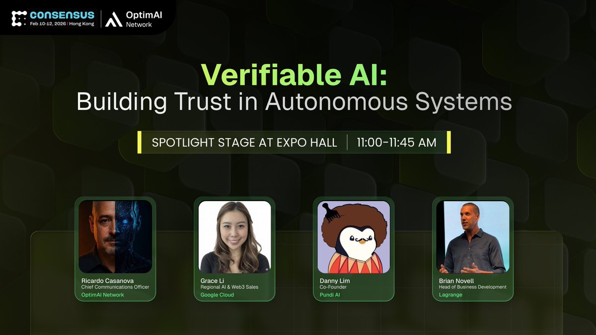 OptimAI will be on the Spotlight Stage at #ConsensusHK2026 🇭🇰

We’ll be joining <a href="/PundiAI/">Pundi AI</a>, Google Cloud, and <a href="/lagrangedev/">LAGRANGE</a> to discuss practical approaches to building verifiable AI agents. 

Looking forward to a thoughtful, builder-led conversation.