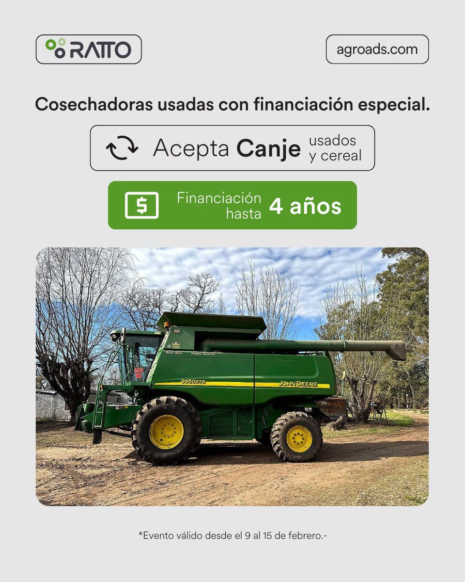 Más campaña, menos complicaciones. 🌾

Financiación hasta 4 años y aceptan canje (usados y cereal) para que tu recambio sea simple.
Mirá en: bit.ly/4ar06tL

#agroads #ratto #cosechadoras #usadas #financiacion #canje #campo #agro