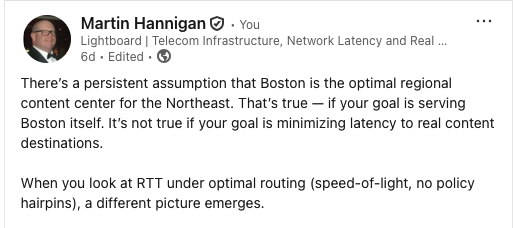 Our <a href="/TheIcelandGuy/">Martin Hannigan</a> is writing a latency analysis series—and New England is the ideal case study.
See how geography, network quality, and interconnection cores combine to build resilient ecosystems. bit.ly/The1s
#1Federal #1Summer #The1s