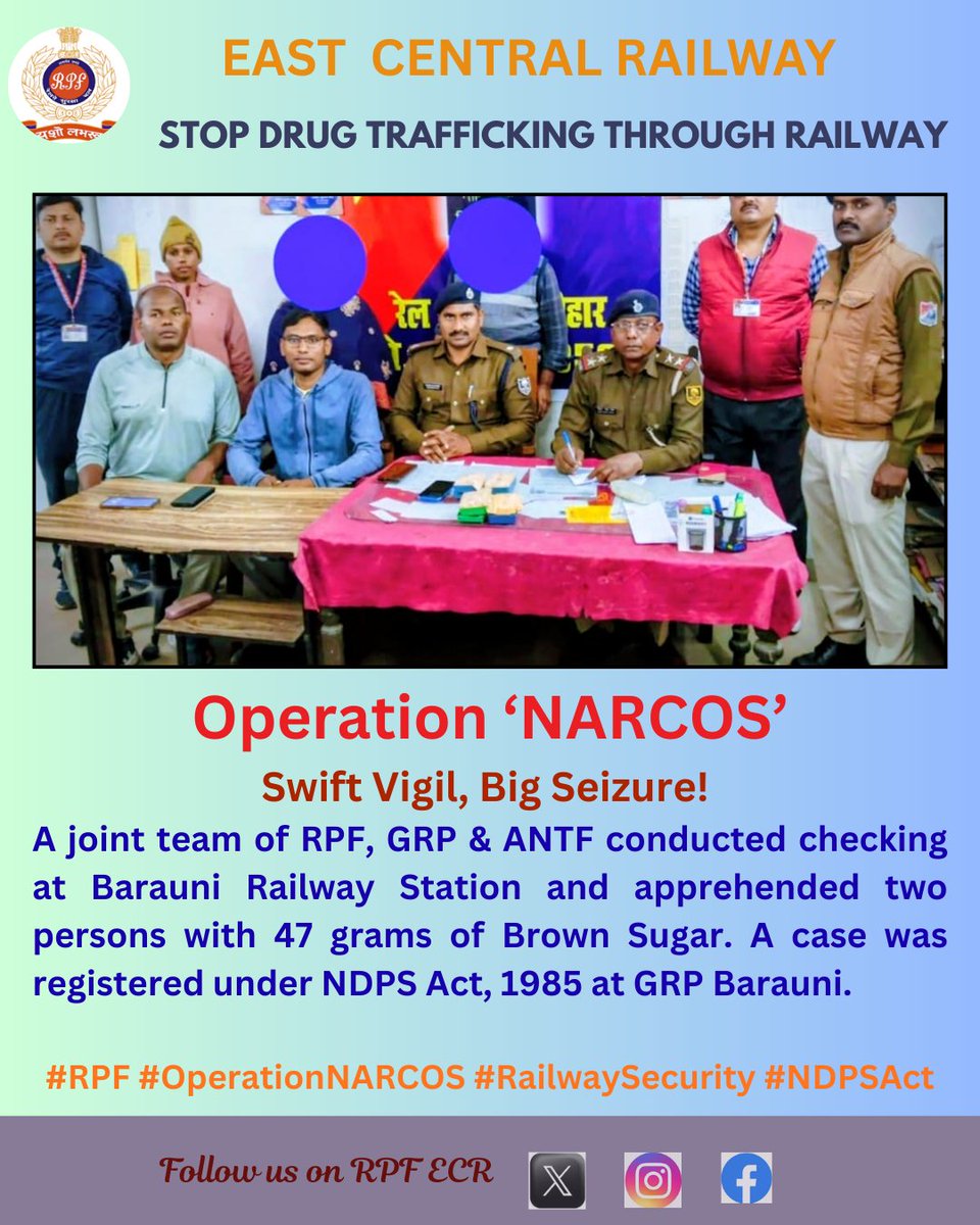 Swift Vigil, Big Seizure!
A joint team of RPF, GRP &amp; ANTF conducted checking at Barauni Railway Station and apprehended two persons with 47 grams of Brown Sugar. A case was registered under NDPS Act at GRP Barauni.

#RPF #OperationNARCOS #RailwaySecurity #NDPSAct
<a href="/RPF_INDIA/">RPF INDIA</a>