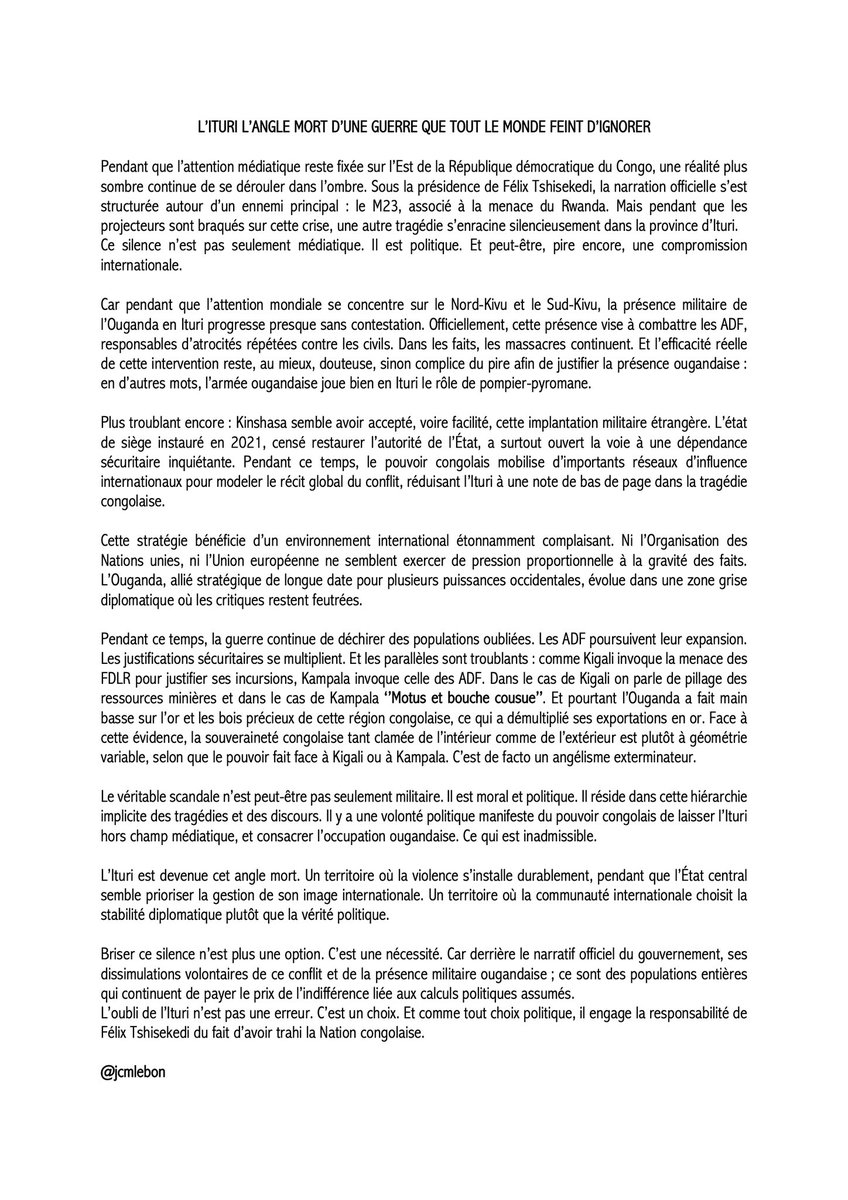 wembi_steve's tweet photo. #RDC: “Pendant que l'attention médiatique reste fixée sur l'Est de la République démocratique du Congo, une réalité plus sombre continue de se dérouler dans l'ombre. Sous la présidence de Félix Tshisekedi, la narration officielle s'est structurée autour d'un ennemi principal : le M23, associé à la menace du Rwanda. Mais pendant que les projecteurs sont braqués sur cette crise, une autre tragédie s'enracine silencieusement dans la province d'#Ituri.
Ce silence n'est pas seulement médiatique. Il est politique. Et peut-être, pire encore, une compromission internationale”@jcmlebon