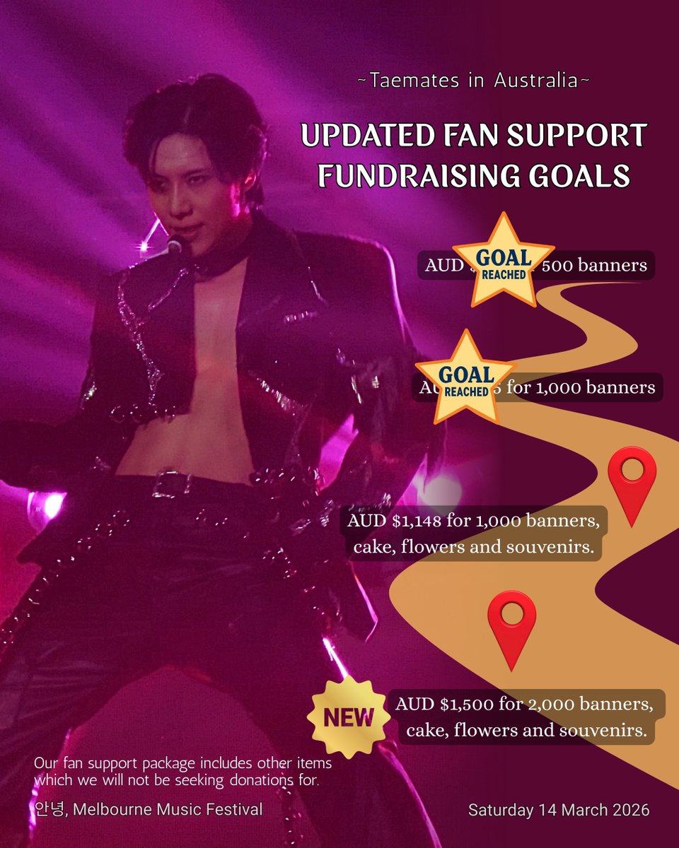 안녕, Melbourne Music Festival  
Taemin Fan Support Fundraiser  
[Update]   

Taemin's fan club representative has confirmed that our fan support proposal has been accepted!!! 

We are re-opening the fan support fundraiser to collect donations for the following items: 
🔹