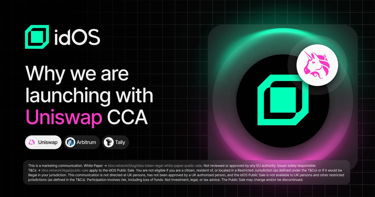~ <a href="/idOS_network/">idOS</a> chose  ~<a href="/Uniswap/">Uniswap Labs 🦄</a> CCA for token distribution because how tokens are distributed is just as critical as what they empower. 

When building an open identity infrastructure distribution must also follow the same principles of transparency and fairness.

This process