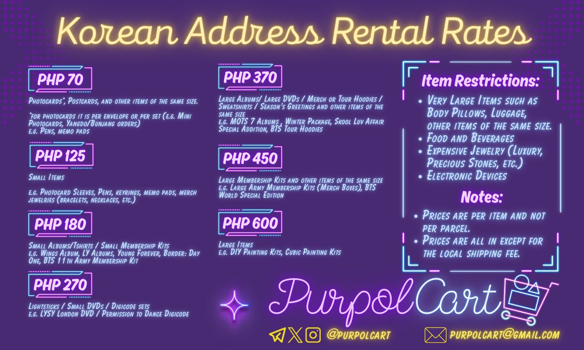 Hello!

This is to inform you that due to the recent change in our Korean address/warehouse and consolidator, there has been a slight adjustment to our rental fees. 

Please see the photo below for the updated Korean Address Rental Fees. The adjusted fees will apply on your next