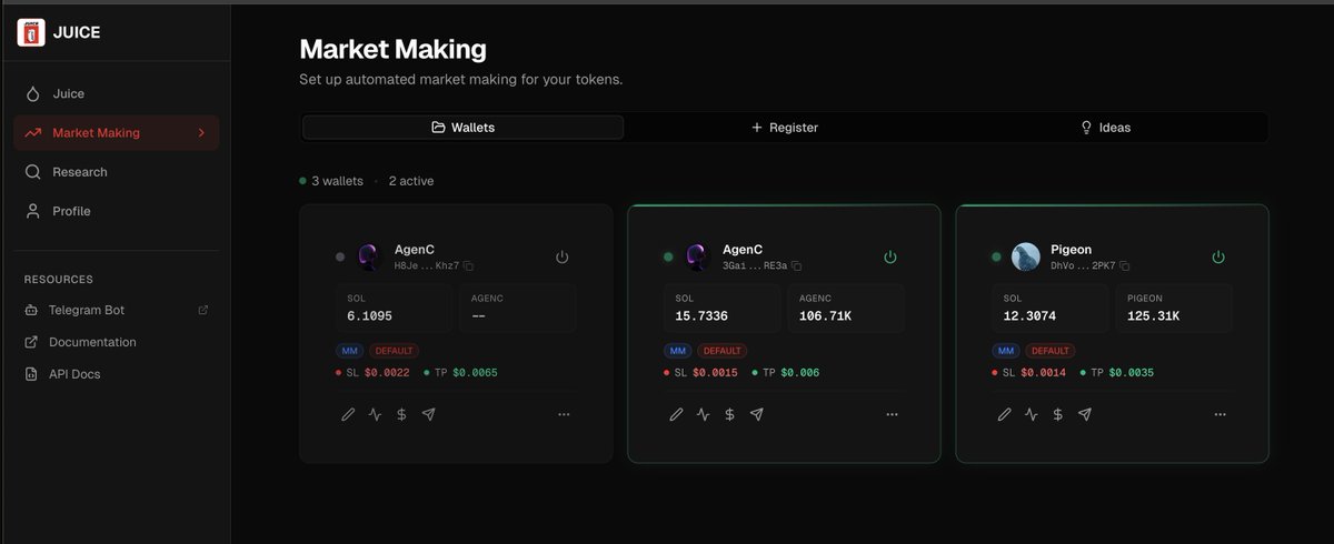 shax_btc's tweet photo. Understand the $JUICE Market Maker

View it like this:

You are now a hedge fund manager.

Each tile on your dashboard is a trader at your firm who knows how to properly size, enter, exit and find value

You can manage up to 25 traders at once now - limits will increase soon https://t.co/DlKq7O4obV