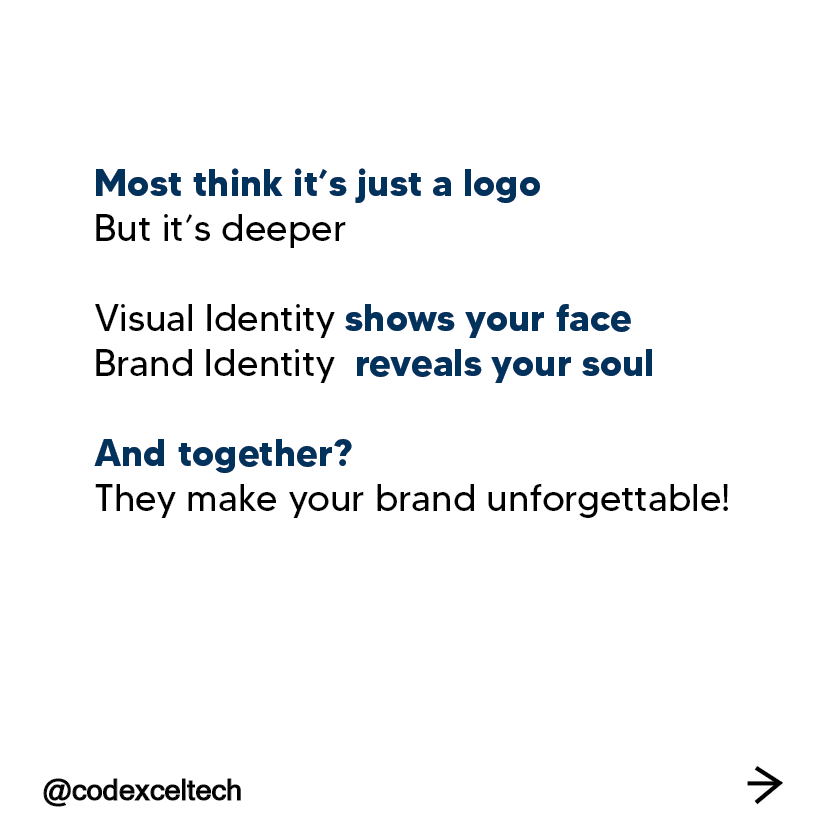 codexceltech's tweet photo. You can't survive on looks alone. 

Visual Identity makes you SEEN.
Brand Identity makes you REMEMBERED.

#branding101 #entrepreneur #smallbiz #marketingstrategy #visualidentity #brandidentity #codexceltech #growyourbusines https://t.co/zZFhkYBQe0