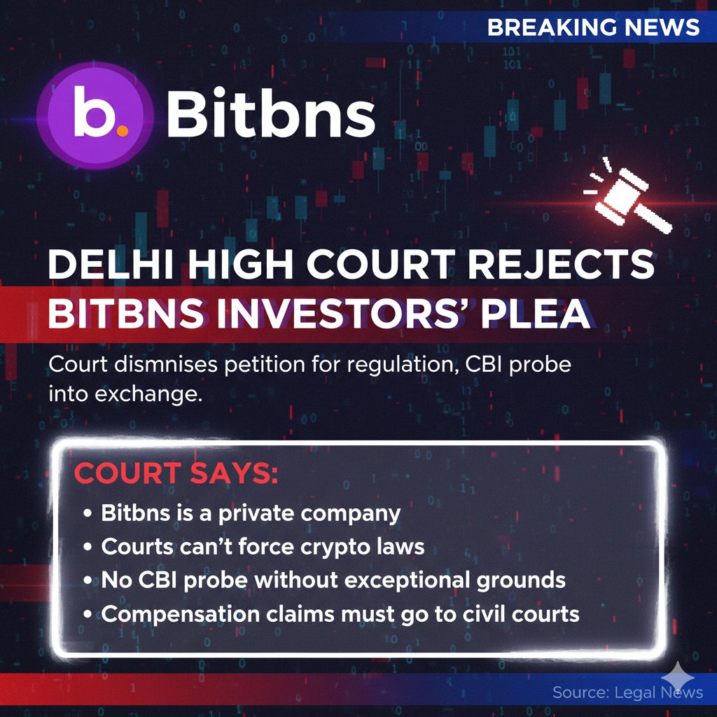 sourav123dhara's tweet image. 🚨India Crypto Update🇮🇳
Delhi HighCourt REJECTS plea to regulate crypto exchanges &amp;amp; probe Bitbns🏛️

The Verdict:
❌ No forced crypto laws
❌ No CBI probe (need "exceptional grounds")
❌ Bitbns is a private entity
❌ Go to Civil Court for funds
Users still stuck📉

#Crypto #Bitbns