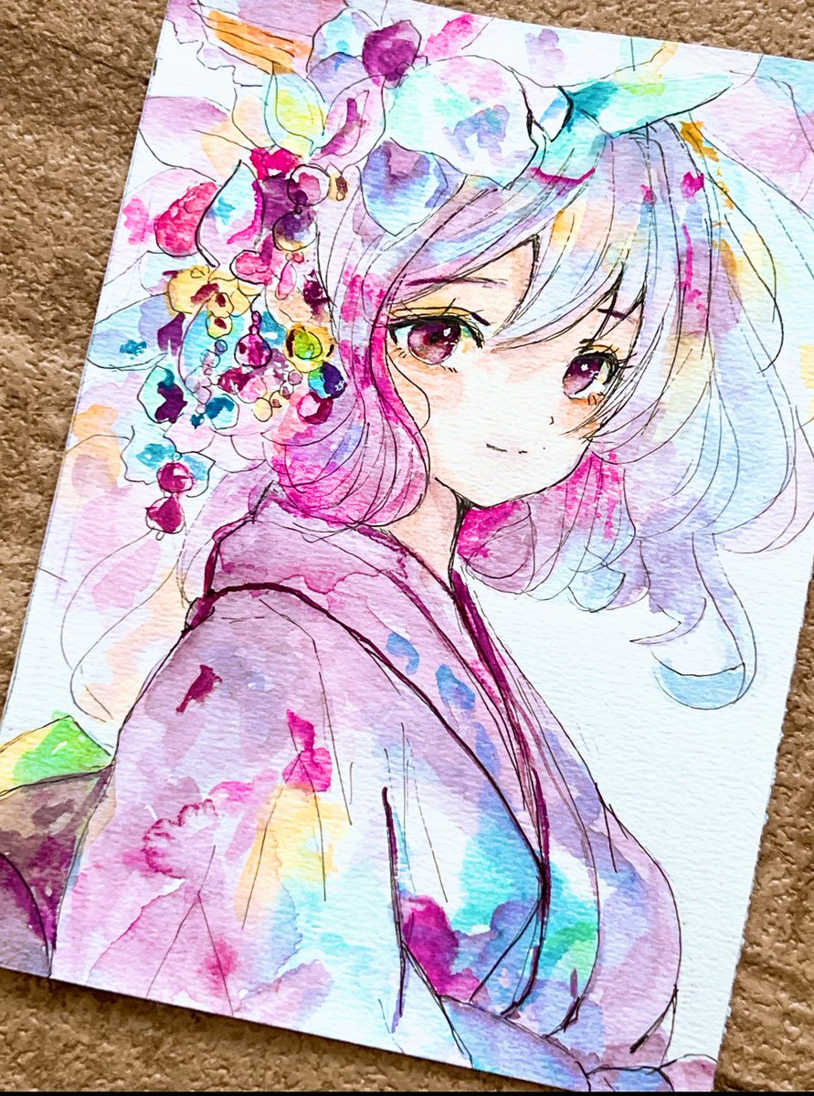 手描きイラスト　絵画　オリジナル　アナログ　水彩画　美人画 260112A