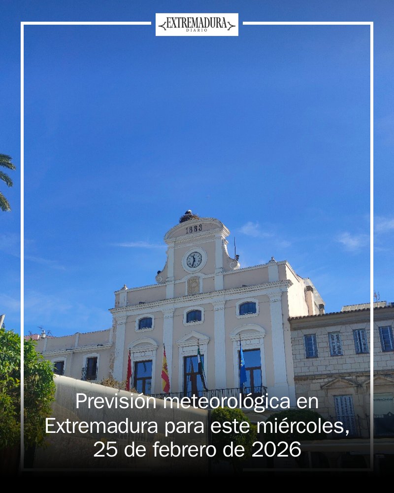 🌤️ ¡Buenos días, Extremadura! Este miércoles 25 de febrero, la comunidad disfrutará de cielos poco nubosos y temperaturas que oscilarán entre 8 y 21 grados en Badajoz. ¡Prepárate para un día tranquilo! #Meteorología #Extremadura mrf.lu/hYX1