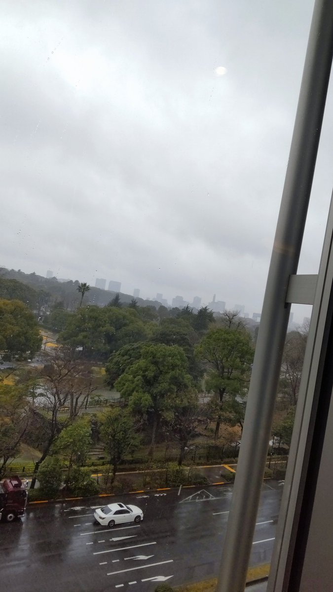 TOHOシネマズ日比谷4Fラウンジから日比谷公園越しに雨に烟る新宿都心を望む☔