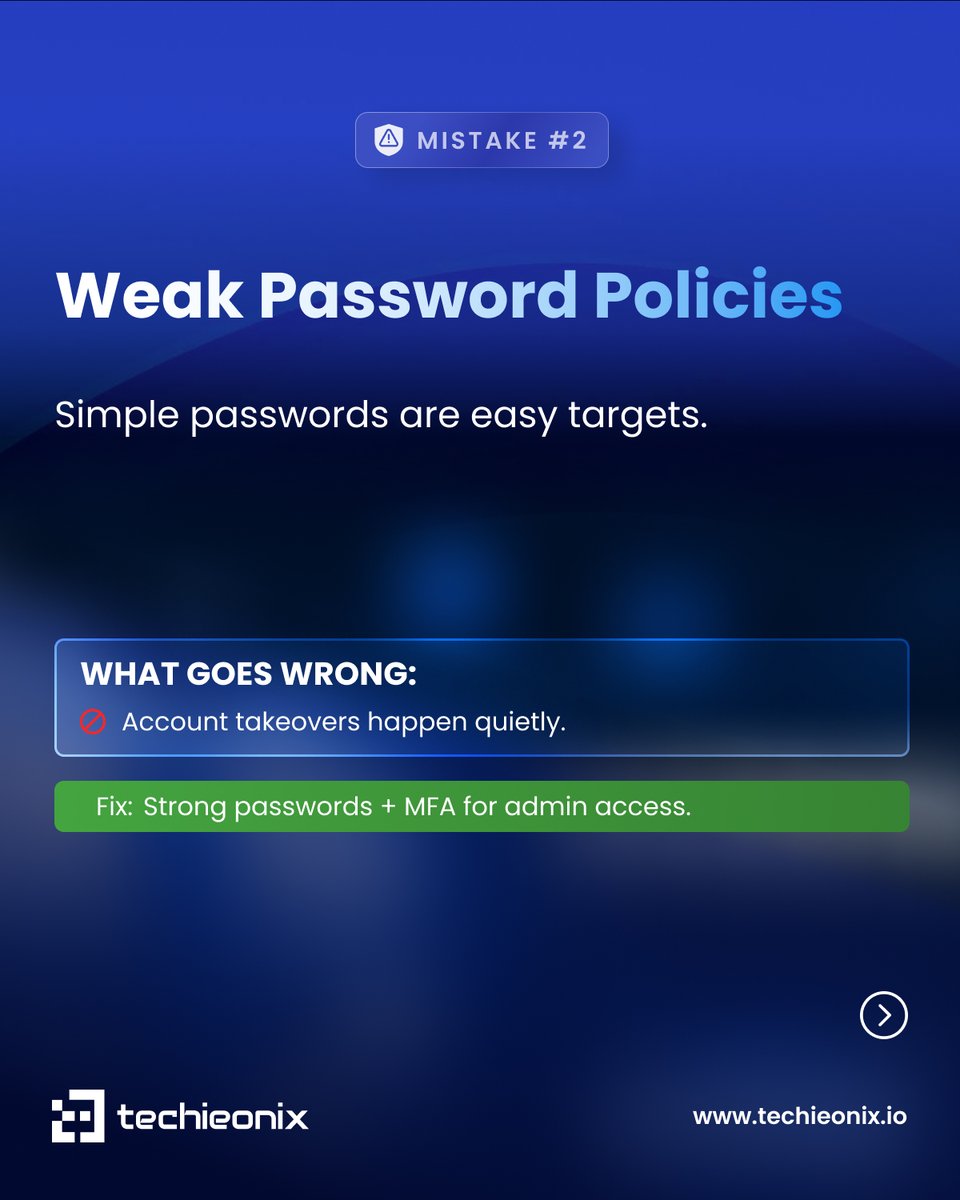 techieonix's tweet photo. 3/9 Mistake #2: Weak password policies
Simple passwords are easy targets.
What goes wrong: account takeovers happen quietly.
Fix: strong passwords + MFA for admin access.
Get a security audit: https://t.co/7stYtB20FW
#techieonix #designbytechieonix #websites #Development https://t.co/qZ3OnrgbmL