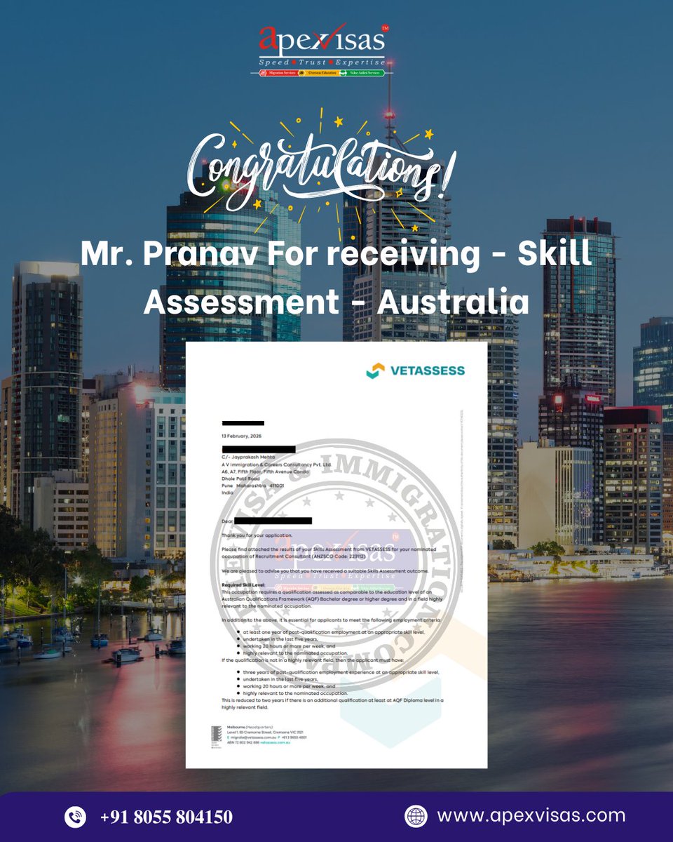 VisasApex's tweet image. Congratulations Mr. Pranav on receiving a positive Skill Assessment for Australia 🇦🇺

Another successful step toward Australia PR with expert guidance from Apex Visas.

📞 +91 8055 804150
🌐 apexvisas.com

#AustraliaPR #SkillAssessment #VisaSuccess #ApexVisas
