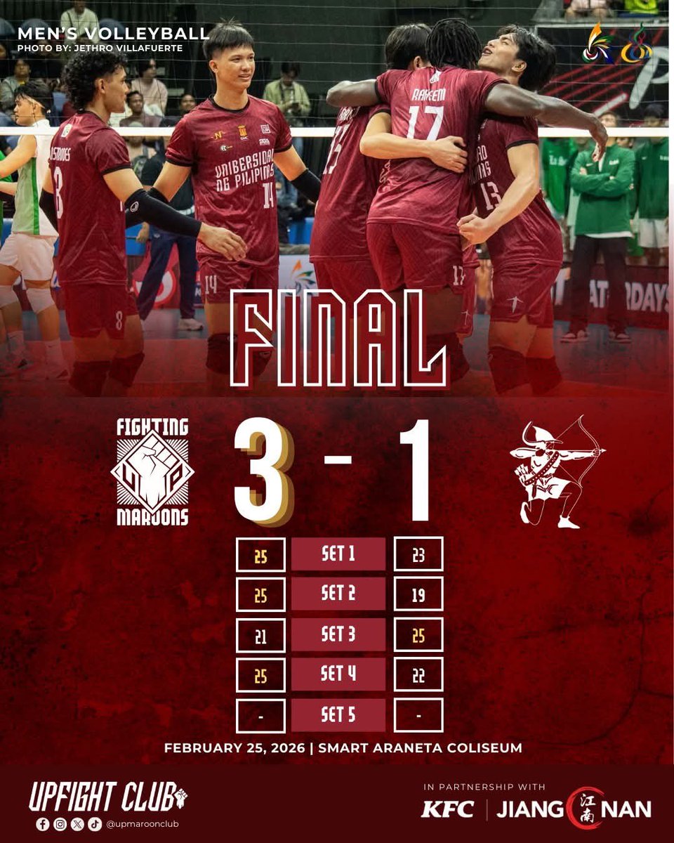 upmaroonclub's tweet photo. FINAL: Raheem Olayemi flexes his dominance as the UP Fighting Maroons get their second win, at the expense of La Salle, 3-1! 

#UPFight💚❤️✊🏻
#UAAPSeason88
#UPMVT https://t.co/RZmQ6Mn5Pr