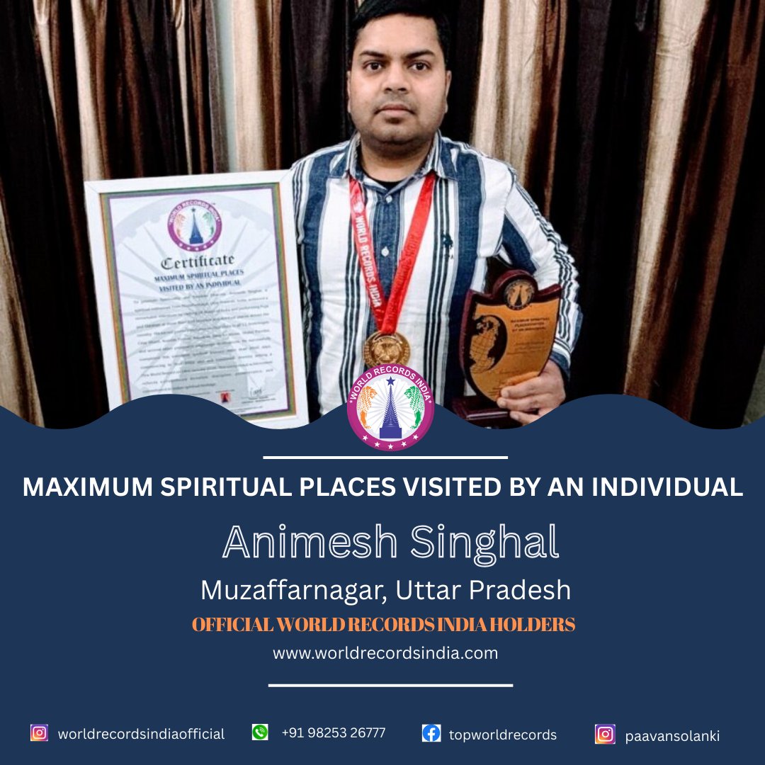 Animesh Singhal  8500+ days of unwavering faith Visited 28 States, 100+ temples, including all 12 Jyotirlingas &amp; Char Dham a lifelong journey since 2002 promoting Sanatan Dharma.A New World Record honoring devotion &amp; discipline #AnimeshSinghal #SanatanDharma #WorldRecordsIndia